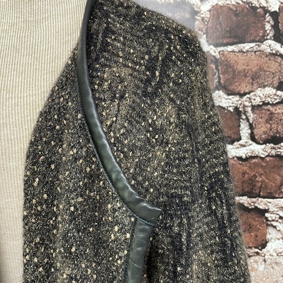Eileen Fisher Sweater Cardigan Brown Leather Trim Gold Mohair Size Large - Picture 6 of 12